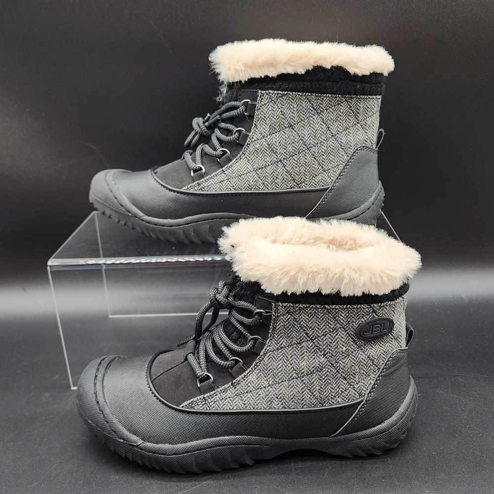 JBU 8M Black Jane Herringbone Faux Fur Trim Lace Up Duck Boots Winter Hike NWOT